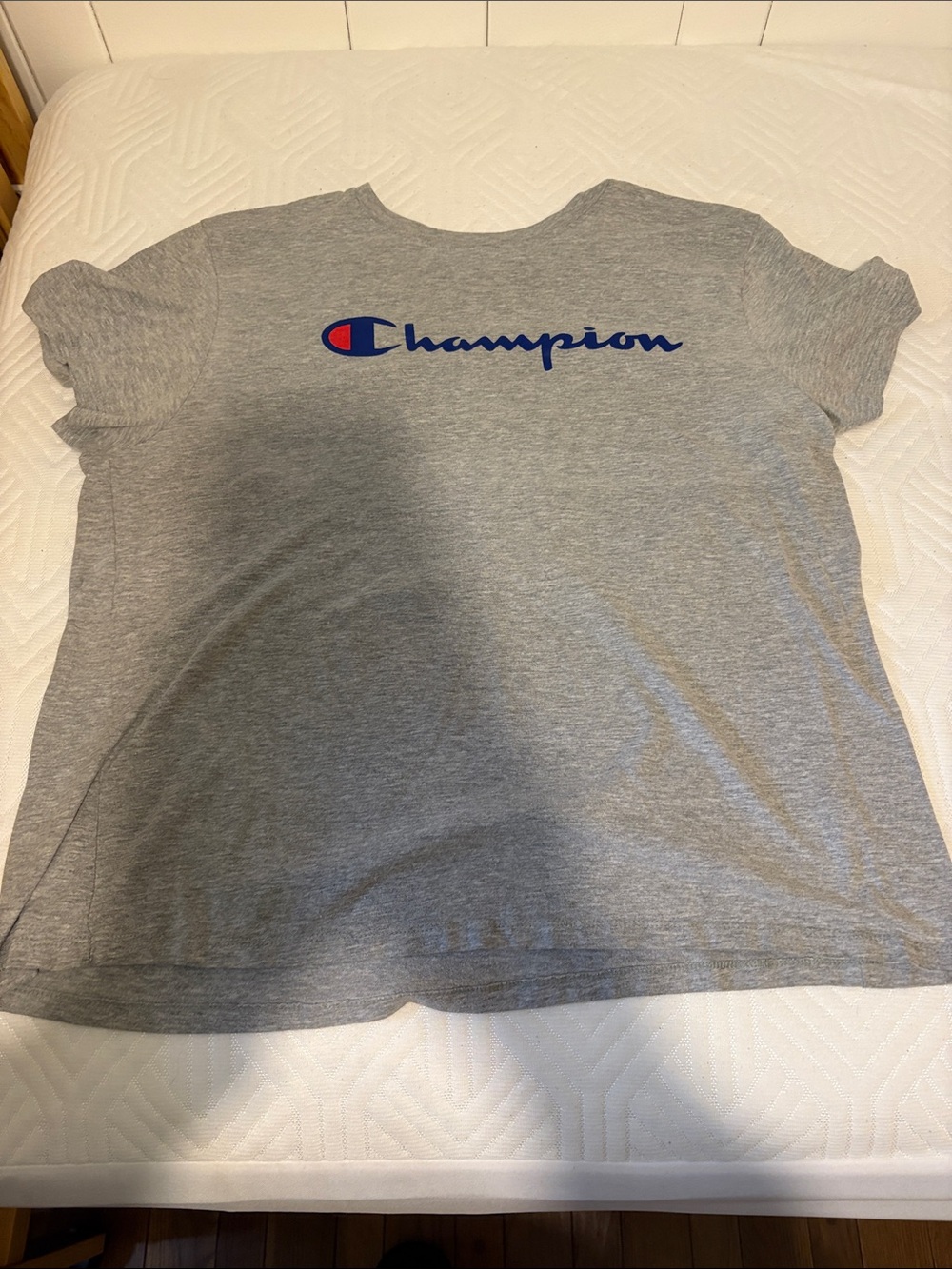 Champion Heather Gray Short Sleeve Tee with Blue Script and Red Accent